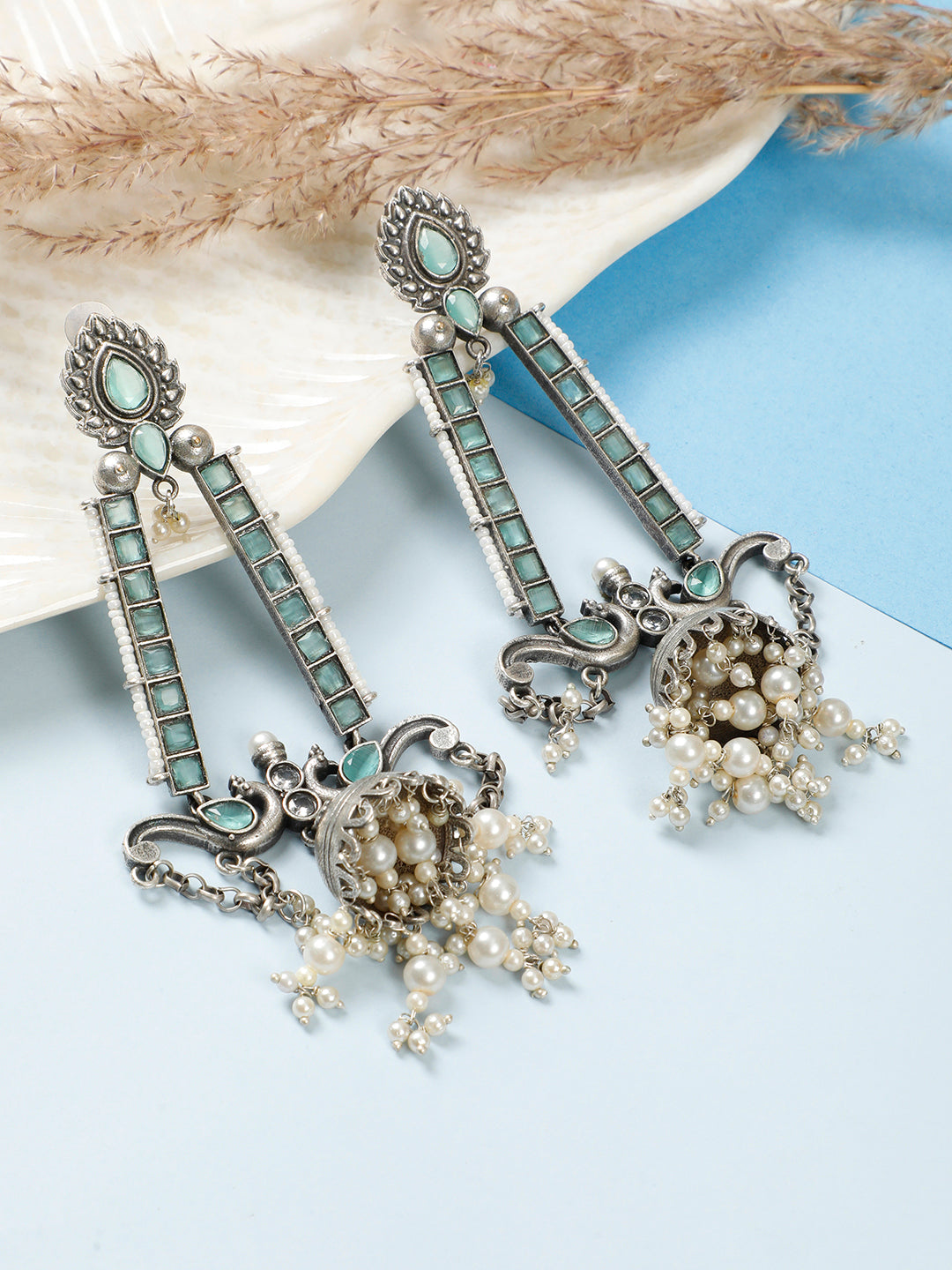 VIVAZS Silver-Plated Kundan Studded & Contemporary Oxidised Long Jhumkas Earrings