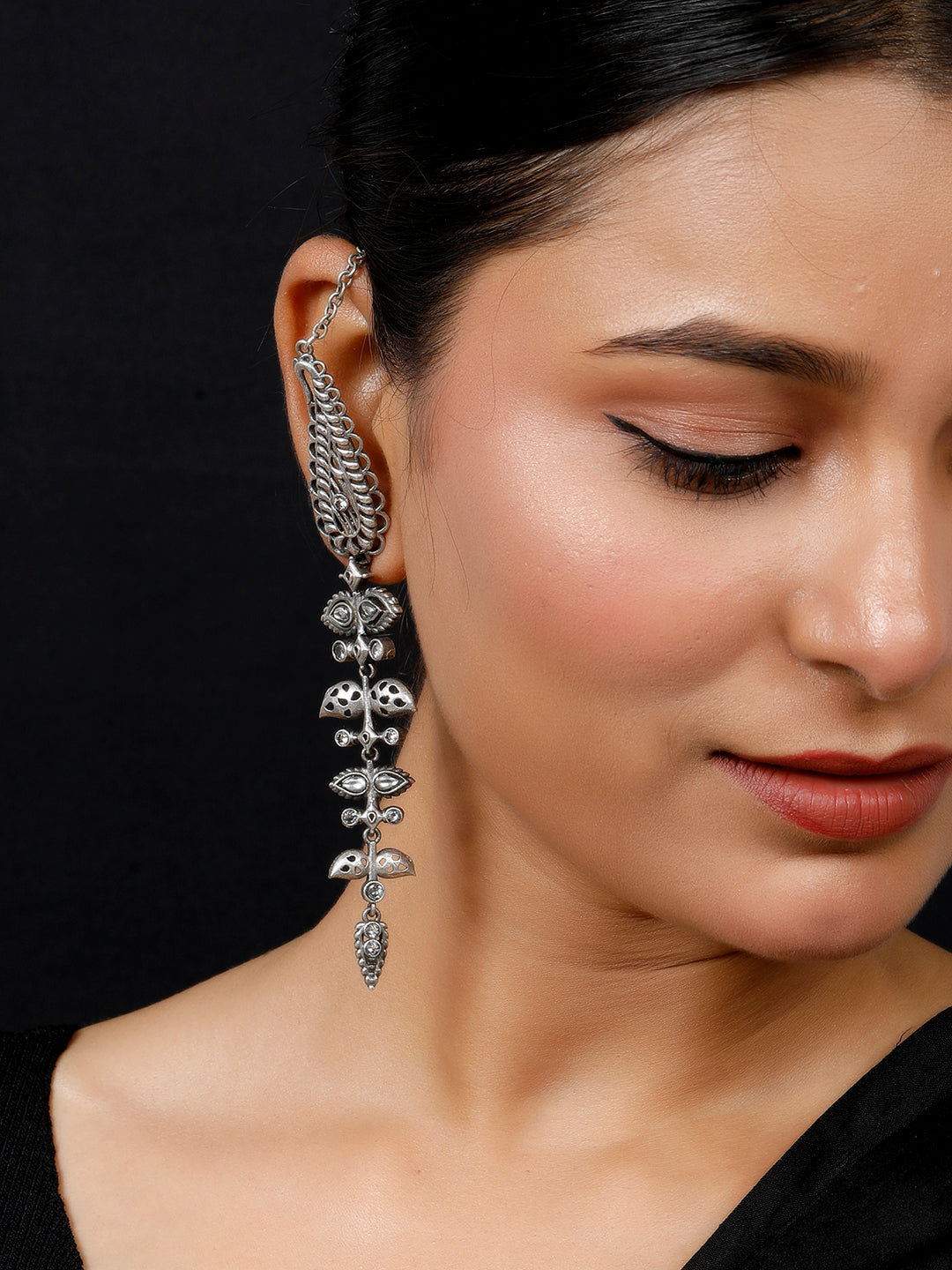 VIVAZS Silver Plated Oxidised Contemporary Drop Earrings