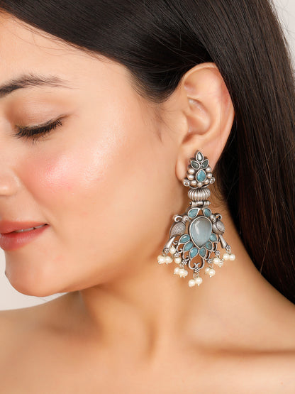 VIVAZS Silver-Plated Peacock Shaped Contemporary Drop Earrings