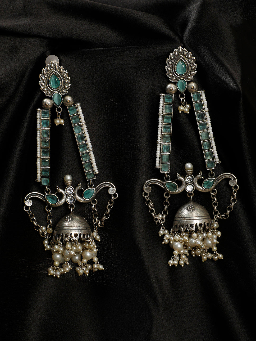 VIVAZS Silver-Plated Kundan Studded & Contemporary Oxidised Long Jhumkas Earrings