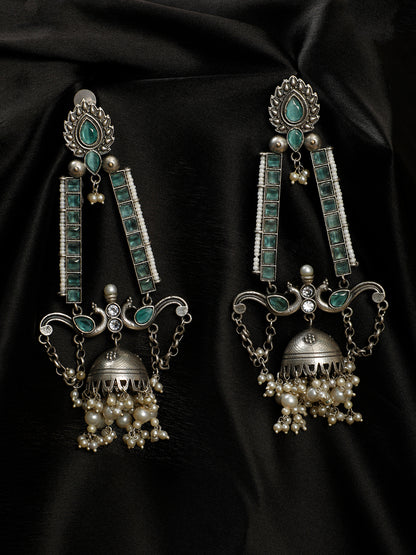 VIVAZS Silver-Plated Kundan Studded & Contemporary Oxidised Long Jhumkas Earrings