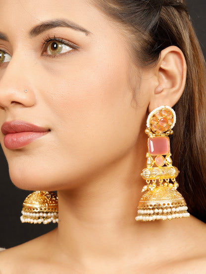 VIVAZS Handmade Gold Plated Long Pink Jhumka Earrings | Contemporary
