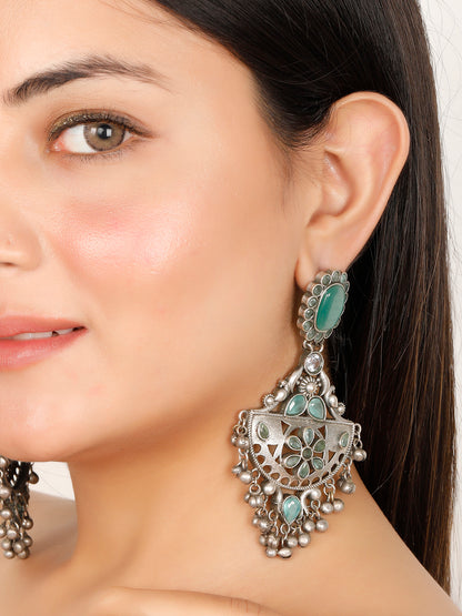 VIVAZS Silver-Plated Peacock Shaped Contemporary Drop Gungaroo Chandbali Earrings