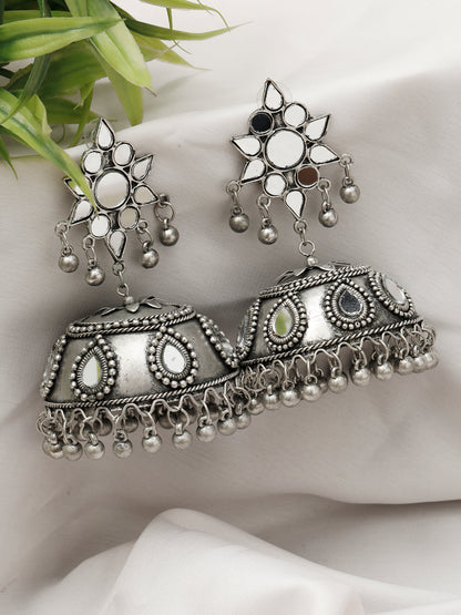 VIVAZS Women Oxidized Silver Plated mirror Contemporary Jhumkas Earring