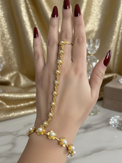 Gold-Plated Pearl flower Ring Bracelet With Hathphool (One Hand Only)