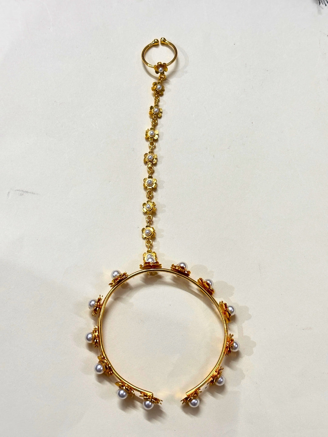 Gold-Plated Pearl flower Ring Bracelet With Hathphool (One Hand Only)