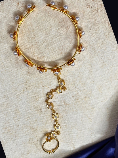 Gold-Plated Pearl flower Ring Bracelet With Hathphool (One Hand Only)