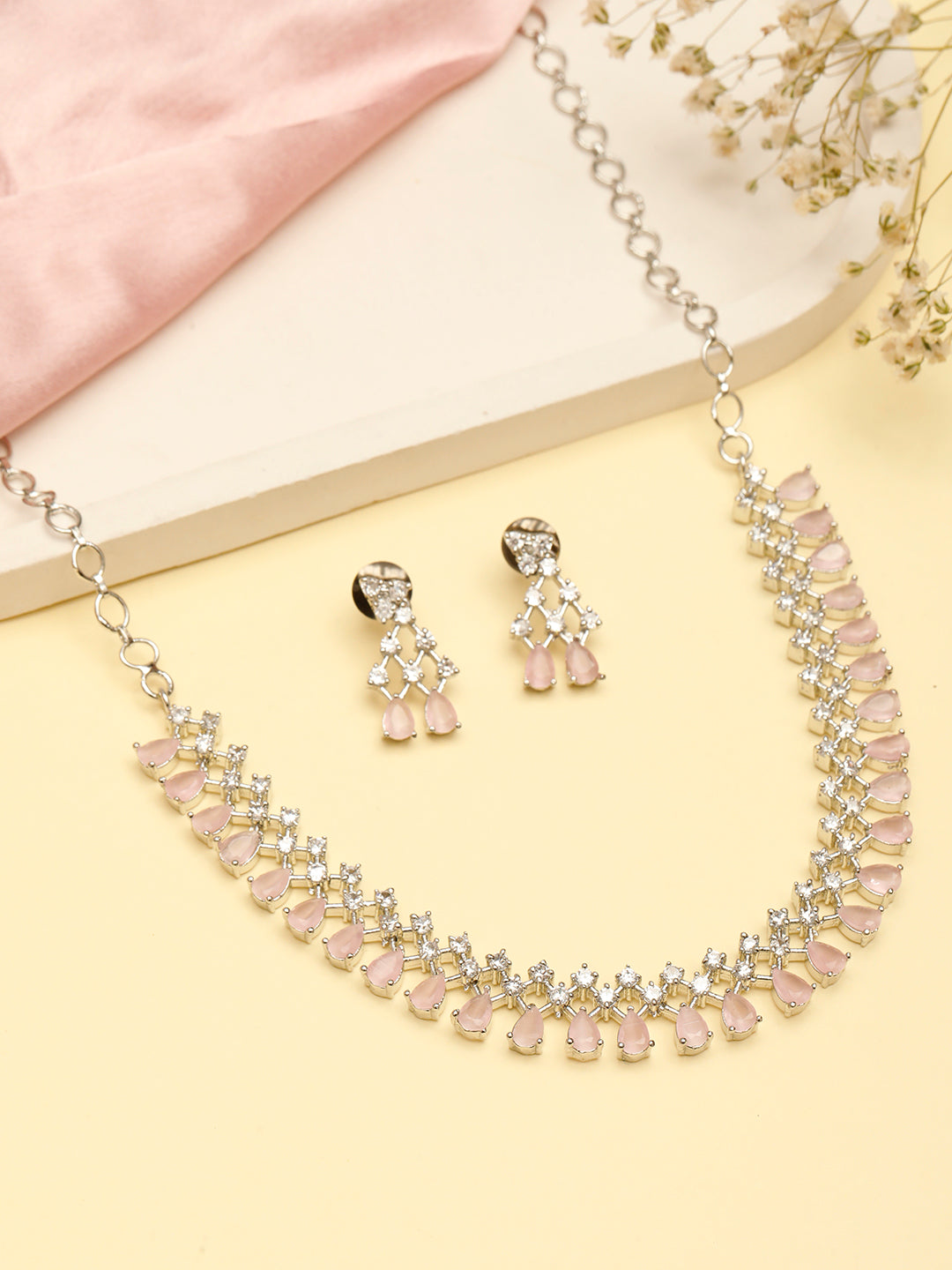 VIVAZS American Diamond Pink Studded Jewellery Set