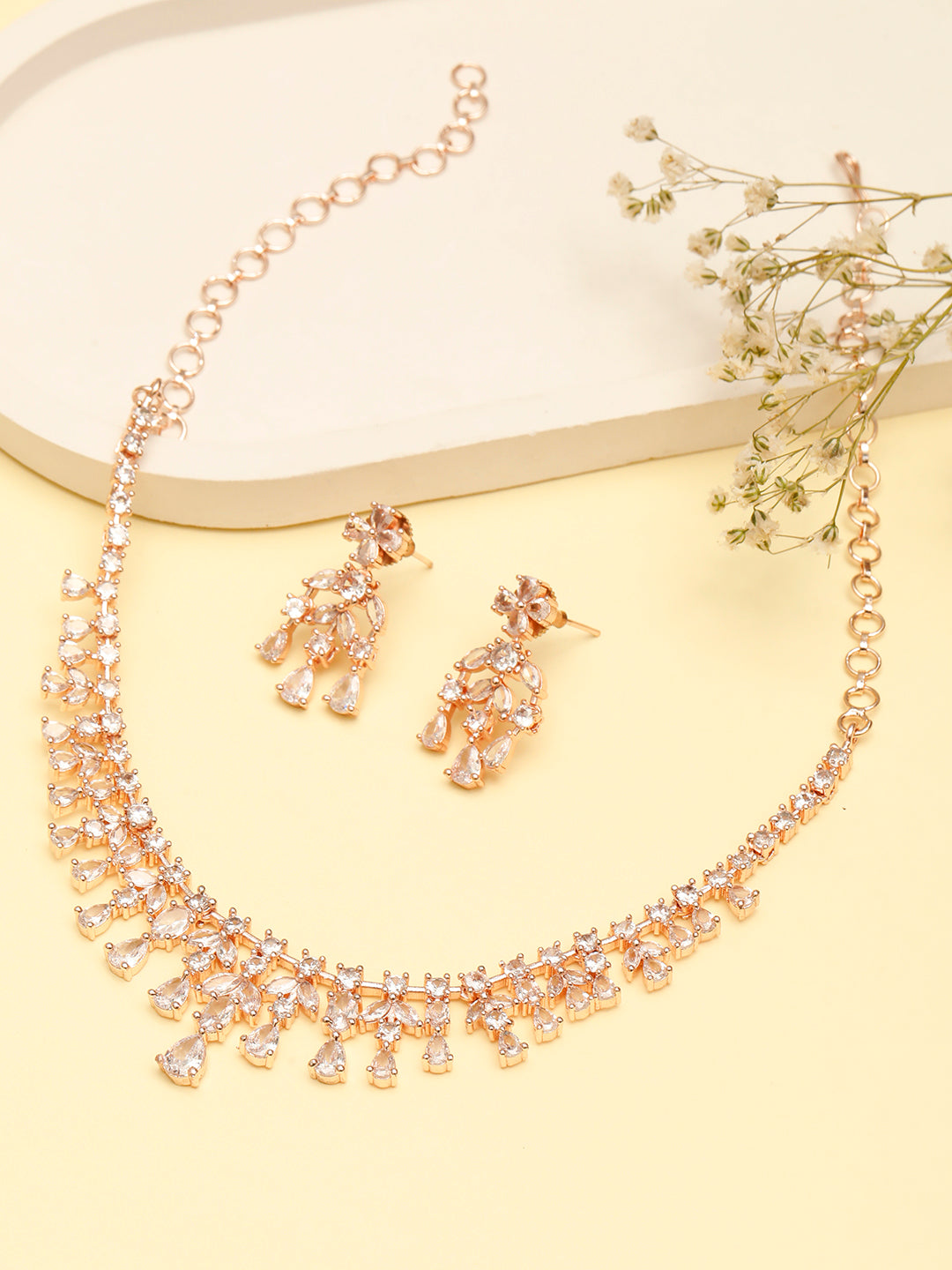 VIVAZS Rose Gold-Plated White AD-Studded Handcrafted Jewellery Set