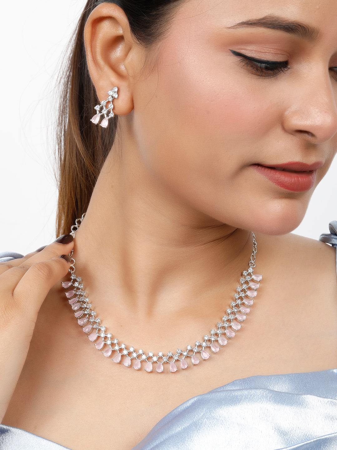 VIVAZS American Diamond Pink Studded Jewellery Set