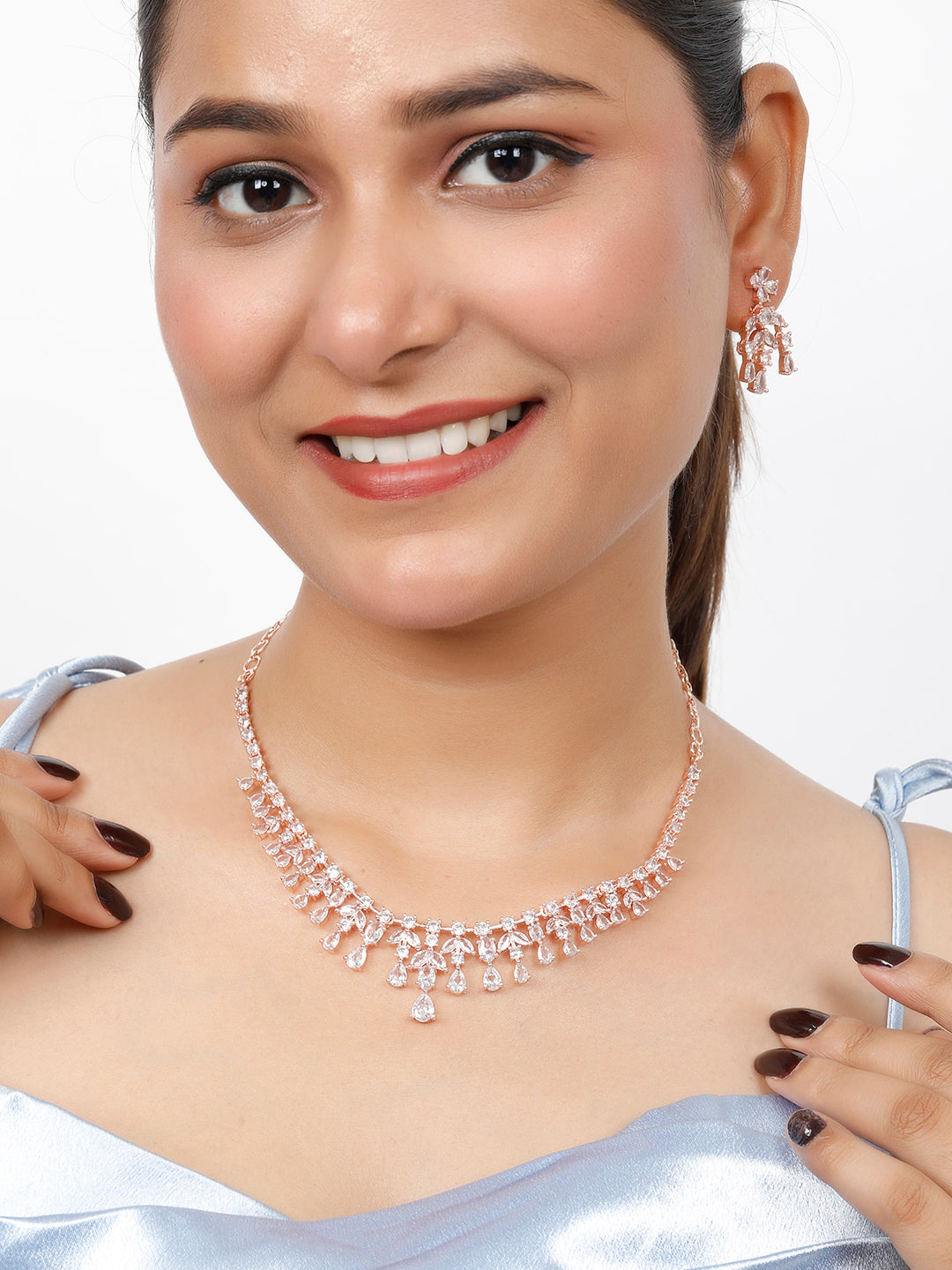 VIVAZS Rose Gold-Plated White AD-Studded Handcrafted Jewellery Set