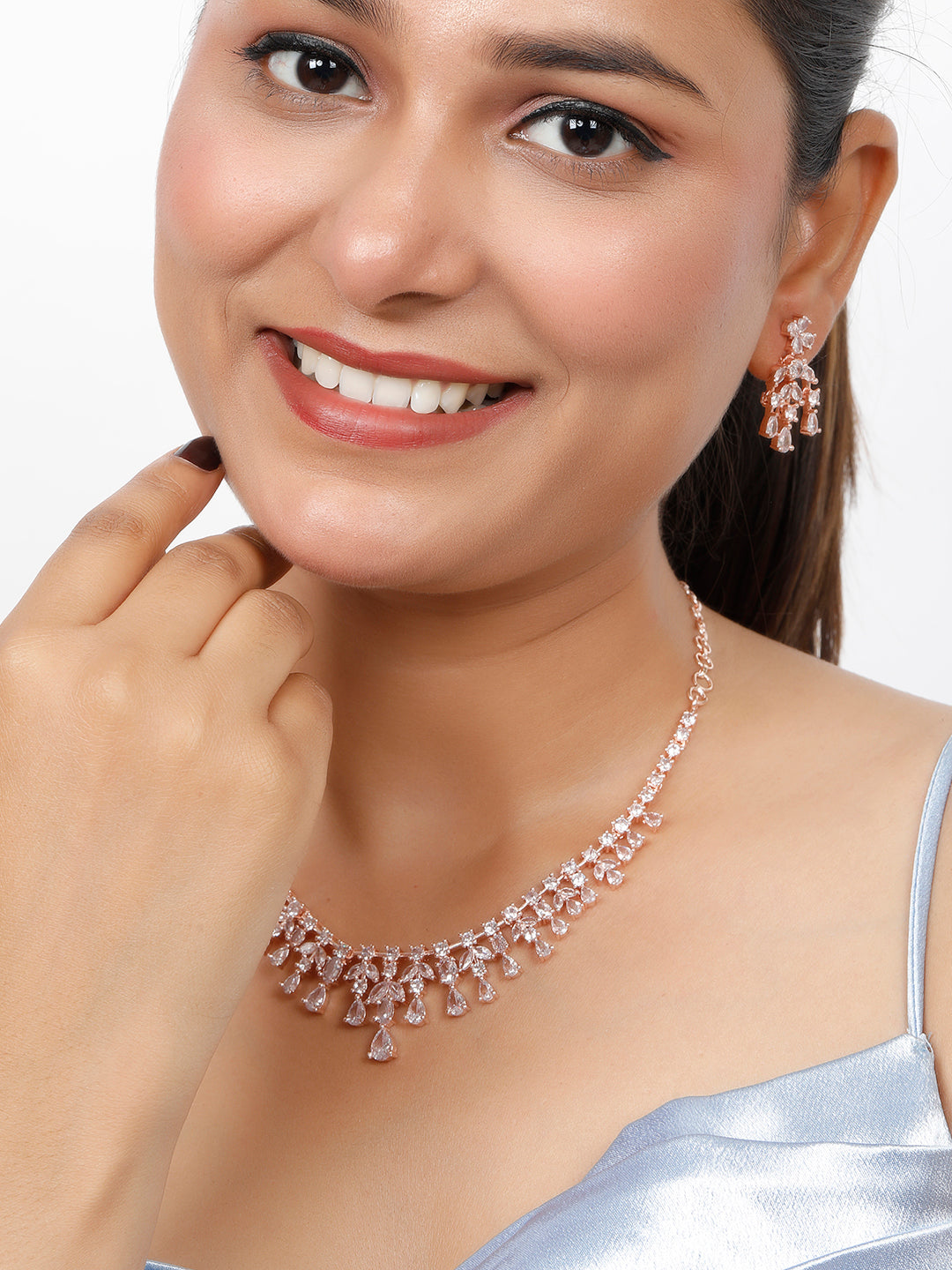 VIVAZS Rose Gold-Plated White AD-Studded Handcrafted Jewellery Set
