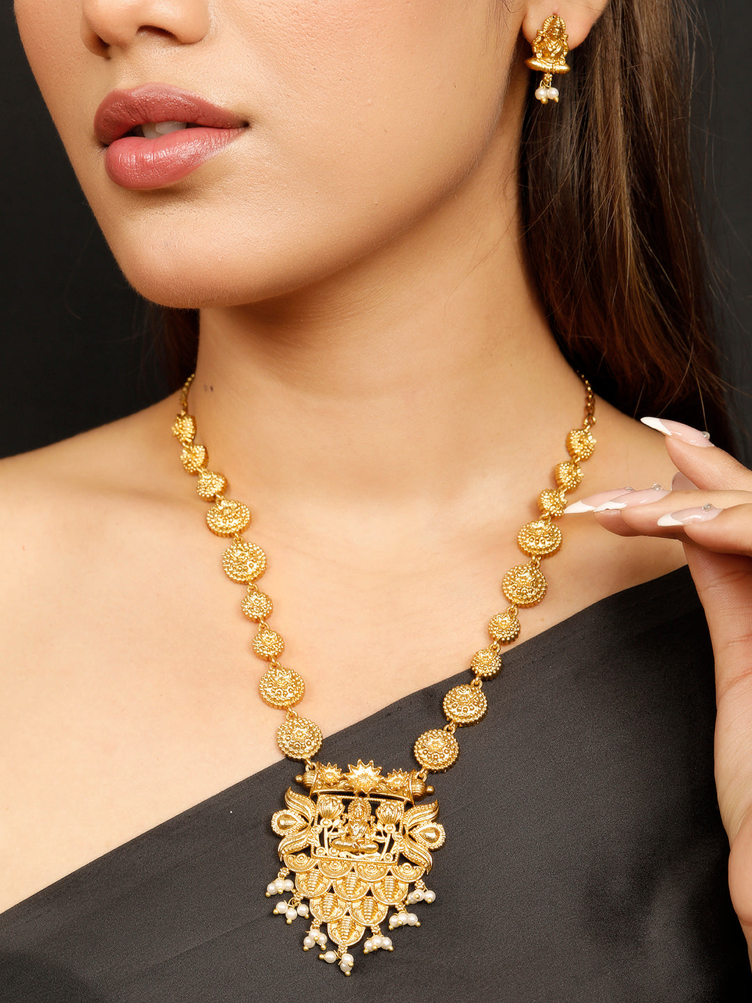 VIVAZS Gold-Plated Divine Lakshmi Motif Temple Jewellery Set with Intricate Detailing