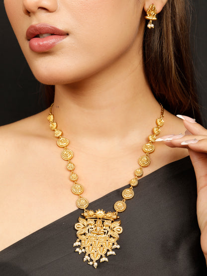 VIVAZS Gold-Plated Divine Lakshmi Motif Temple Jewellery Set with Intricate Detailing