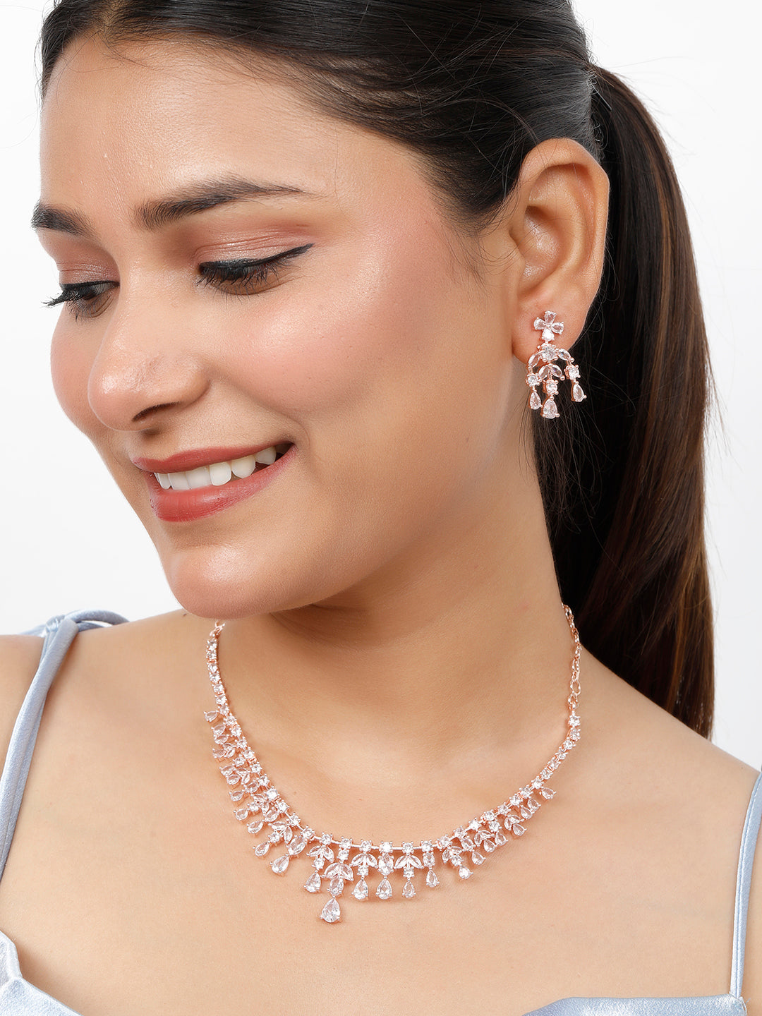 VIVAZS Rose Gold-Plated White AD-Studded Handcrafted Jewellery Set