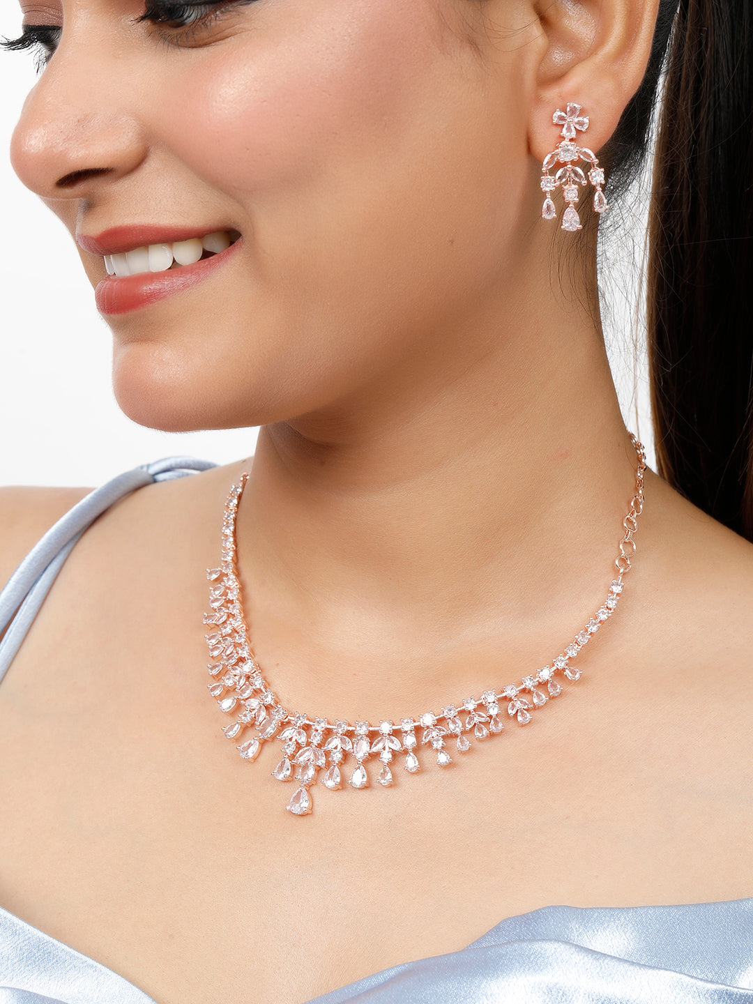 VIVAZS Rose Gold-Plated White AD-Studded Handcrafted Jewellery Set