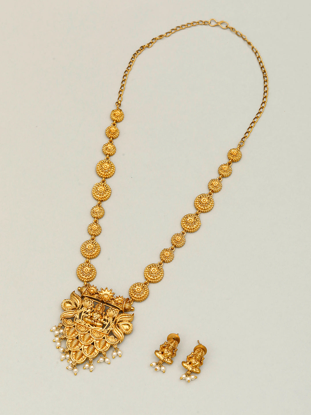 VIVAZS Gold-Plated Divine Lakshmi Motif Temple Jewellery Set with Intricate Detailing
