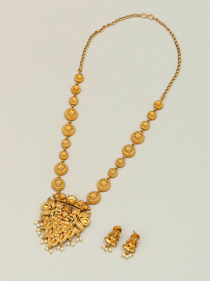 VIVAZS Gold-Plated Divine Lakshmi Motif Temple Jewellery Set with Intricate Detailing