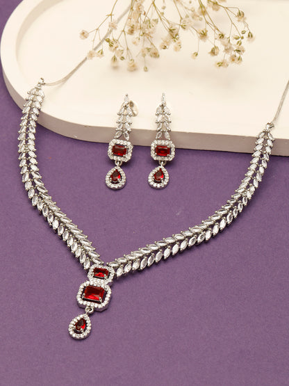 Rhodium-Plated Ruby Red AD & Cubic Zirconia Studded Necklace Set
