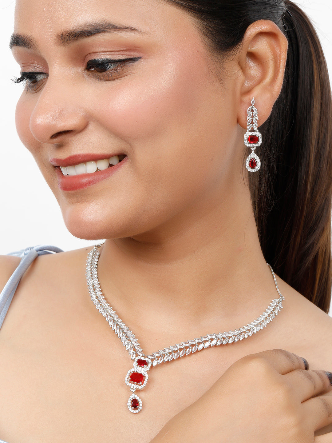 Rhodium-Plated Ruby Red AD & Cubic Zirconia Studded Necklace Set