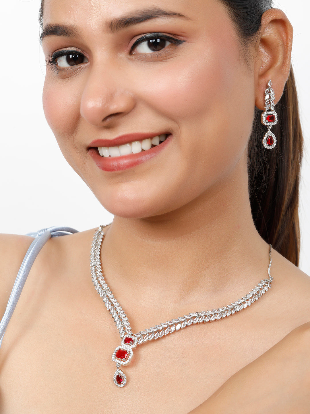 Rhodium-Plated Ruby Red AD & Cubic Zirconia Studded Necklace Set
