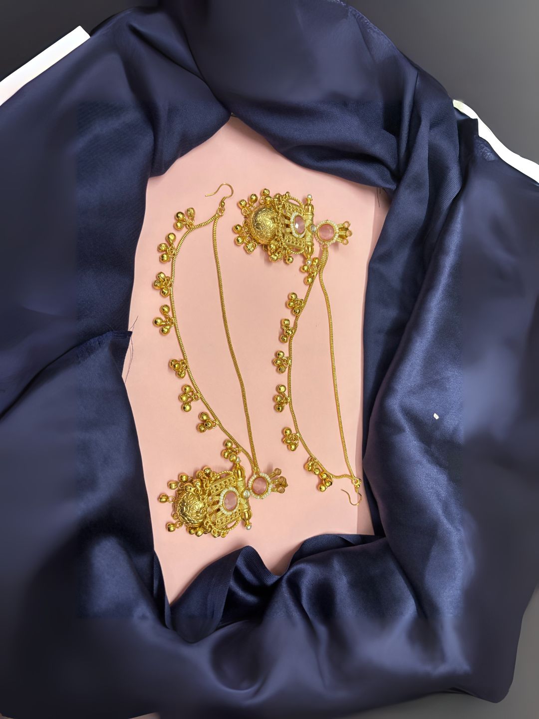 VIVAZS 22K Gold Plated Kundan Crystal Statement Kan Chain Earrings