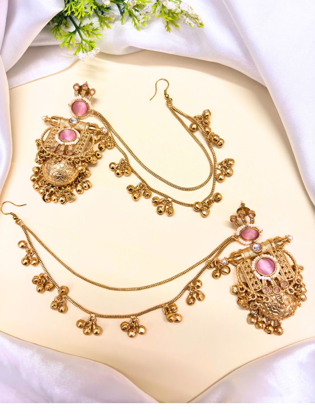 VIVAZS 22K Gold Plated Kundan Crystal Statement Kan Chain Earrings