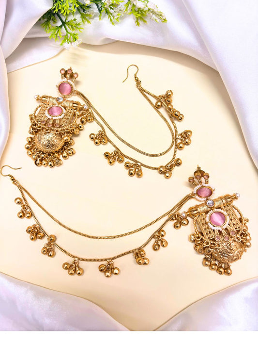 VIVAZS 22K Gold Plated Kundan Crystal Statement Kan Chain Earrings