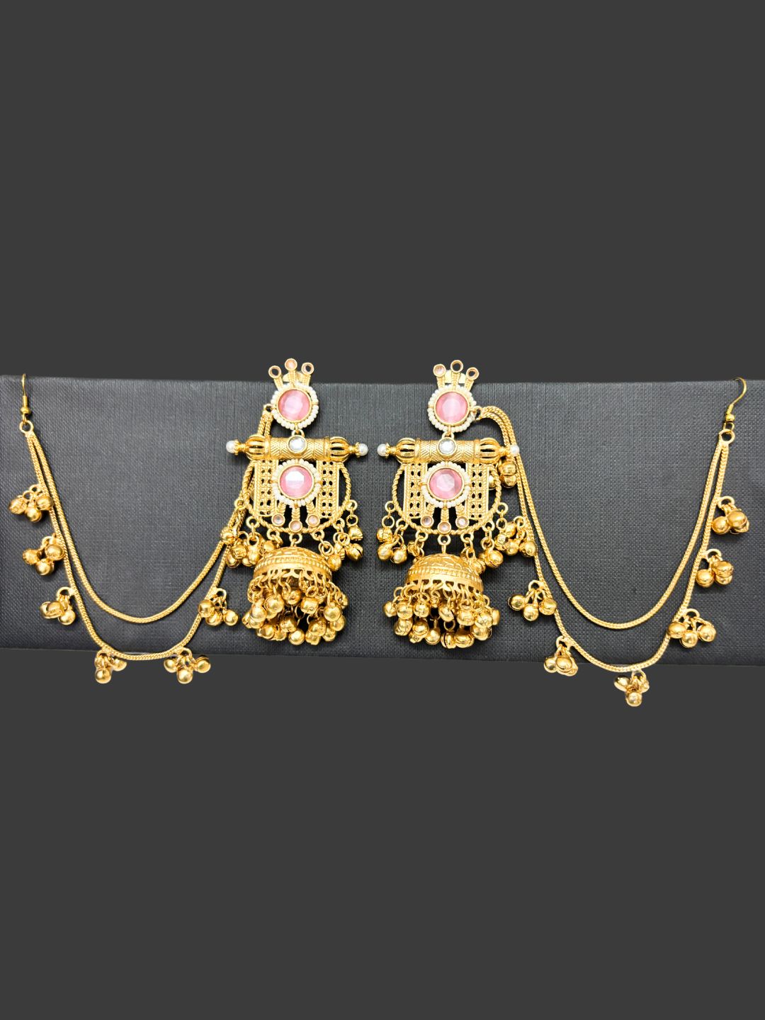 VIVAZS 22K Gold Plated Kundan Crystal Statement Kan Chain Earrings