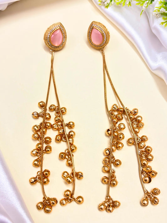 VIVAZS Kashmiri AD Long Drop Earrings (Pink)