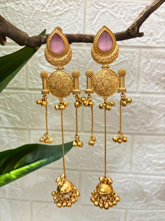 VIVAZS Kashmiri Long Drop Earrings Pink