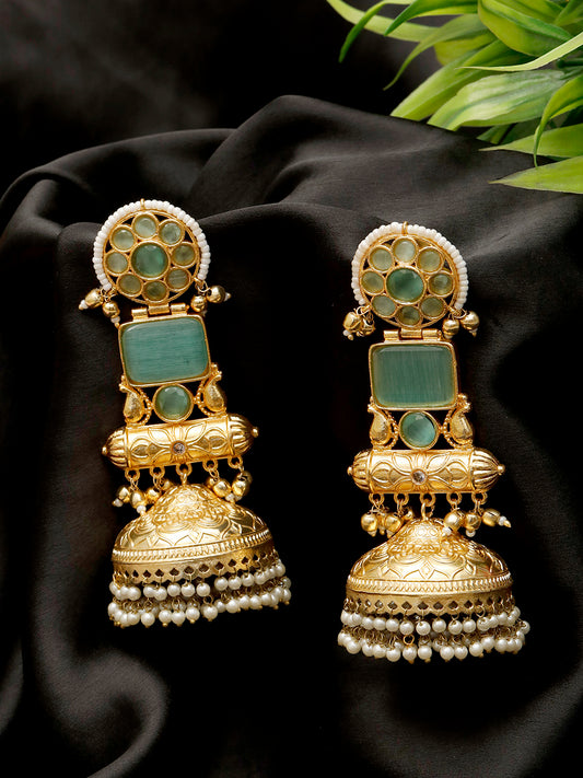 VIVAZS Handmade Gold Plated Long Mint Indian Shoulder Duster Jhumka Earrings | Contemporary