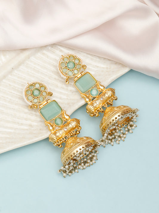 VIVAZS Handmade Gold Plated Long Mint Indian Shoulder Duster Jhumka Earrings | Contemporary
