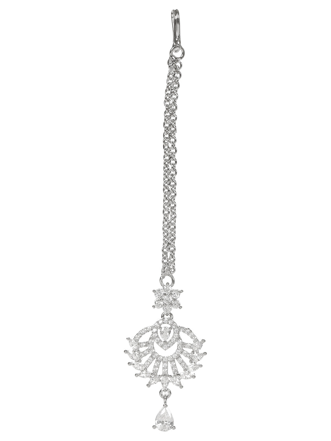 VIVAZS Rhodium-Plated Cubic Zirconia Studded Maang Tikka Head Jewellery