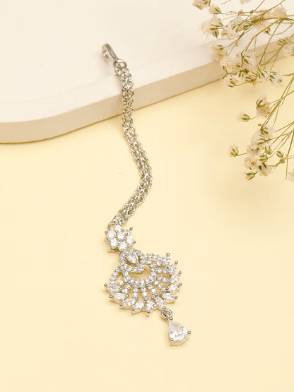 VIVAZS Rhodium-Plated Cubic Zirconia Studded Maang Tikka Head Jewellery