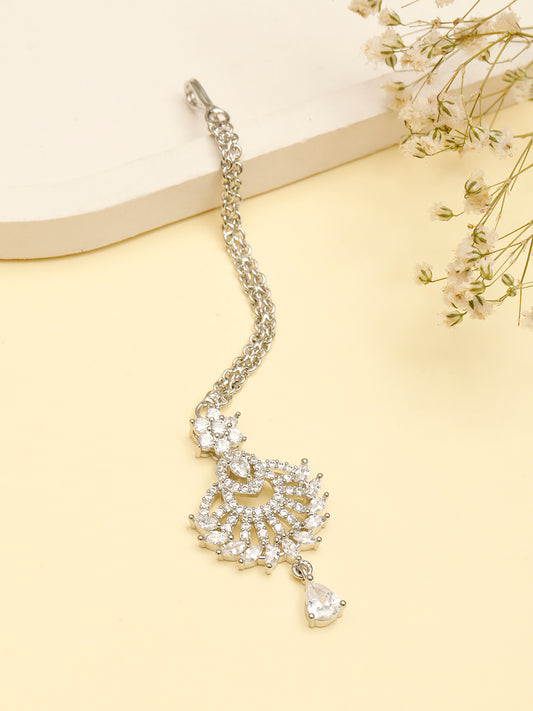 VIVAZS Rhodium-Plated Cubic Zirconia Studded Maang Tikka Head Jewellery