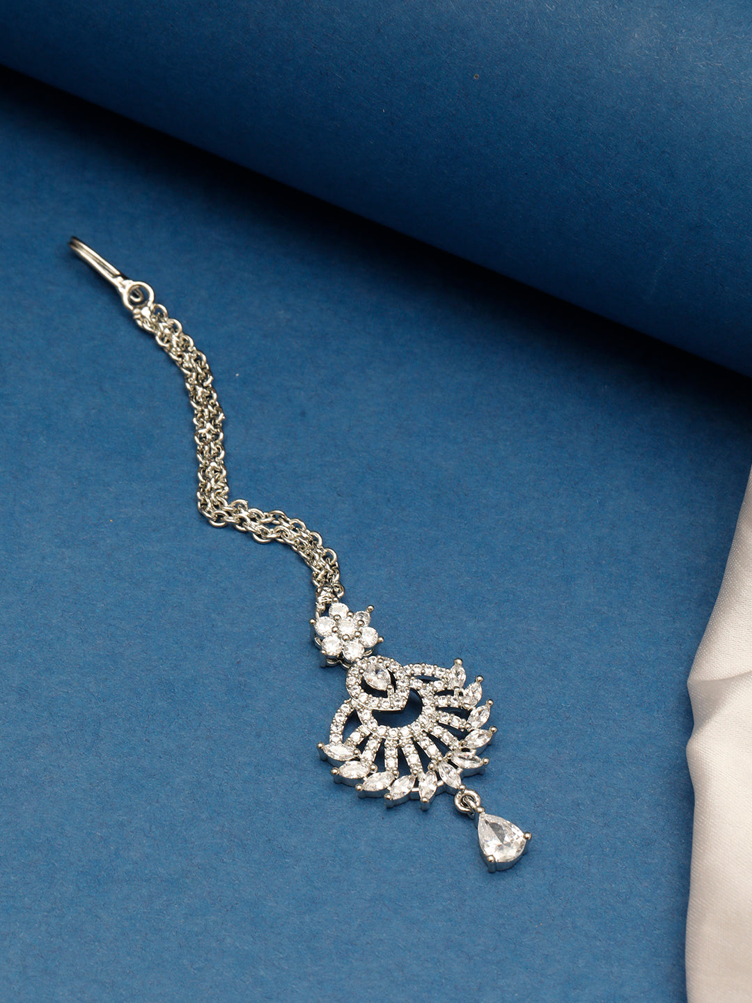 VIVAZS Rhodium-Plated Cubic Zirconia Studded Maang Tikka Head Jewellery