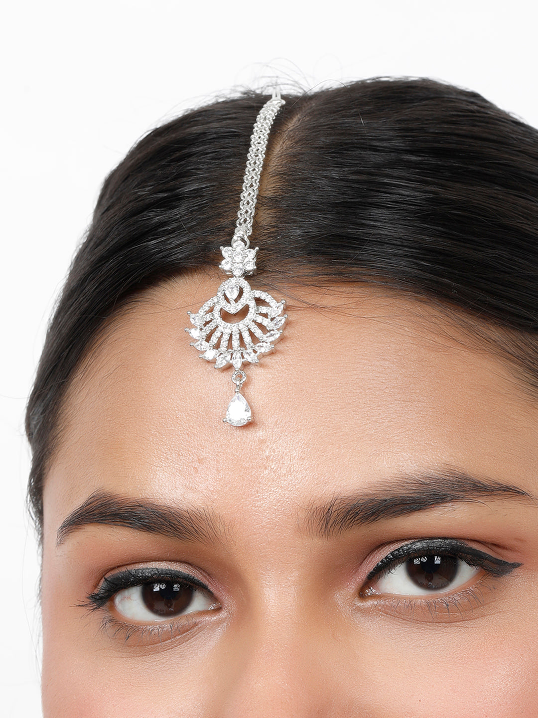 VIVAZS Rhodium-Plated Cubic Zirconia Studded Maang Tikka Head Jewellery