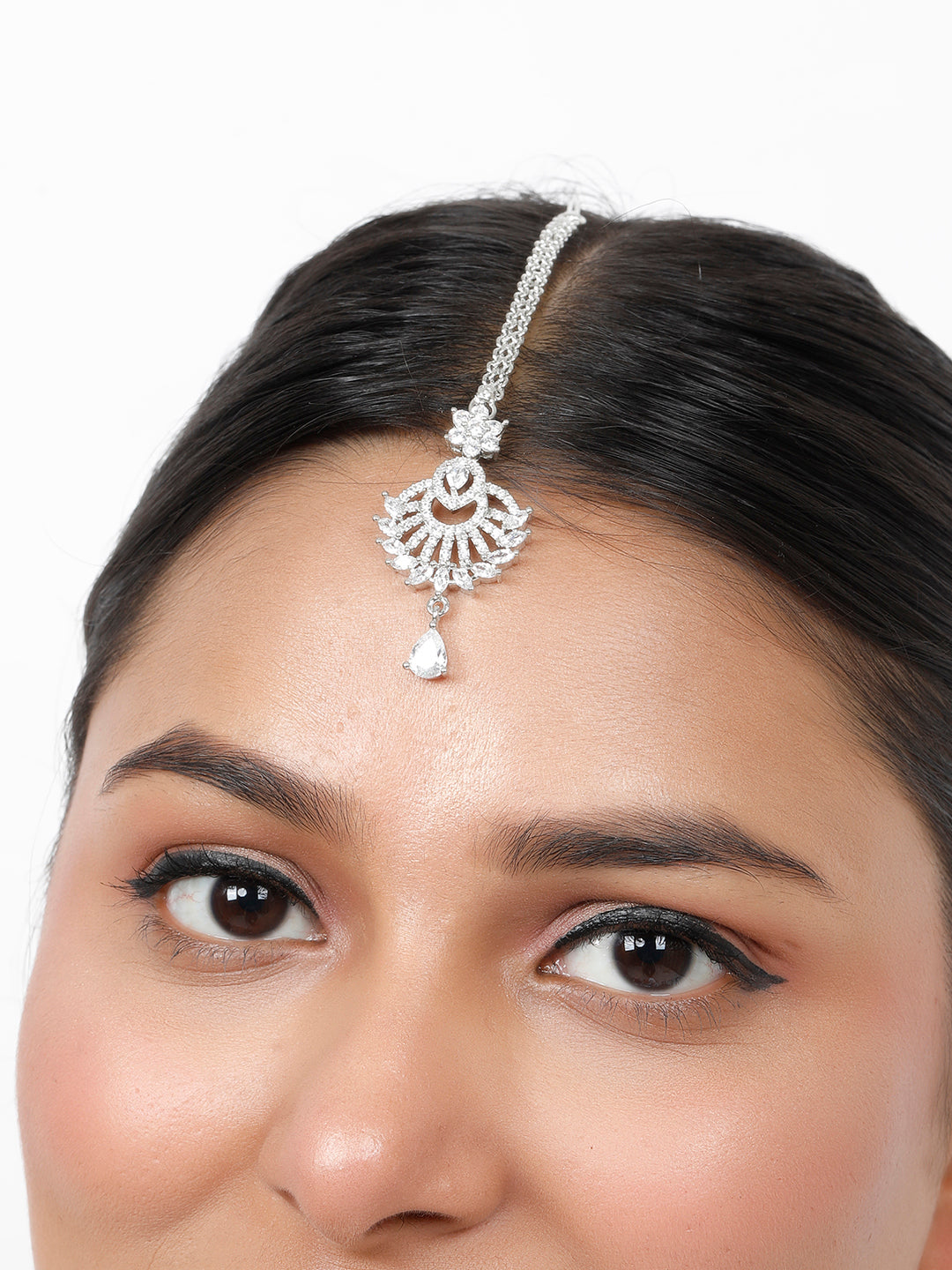 VIVAZS Rhodium-Plated Cubic Zirconia Studded Maang Tikka Head Jewellery
