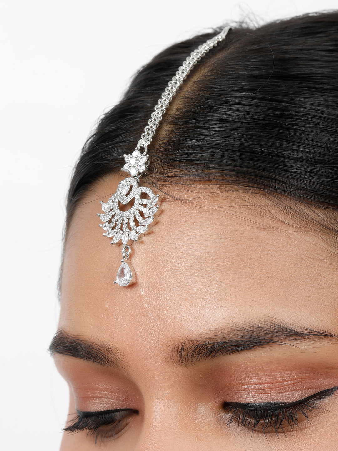 VIVAZS Rhodium-Plated Cubic Zirconia Studded Maang Tikka Head Jewellery