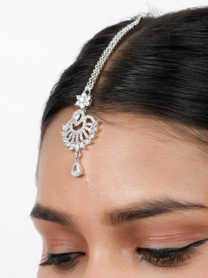 VIVAZS Rhodium-Plated Cubic Zirconia Studded Maang Tikka Head Jewellery