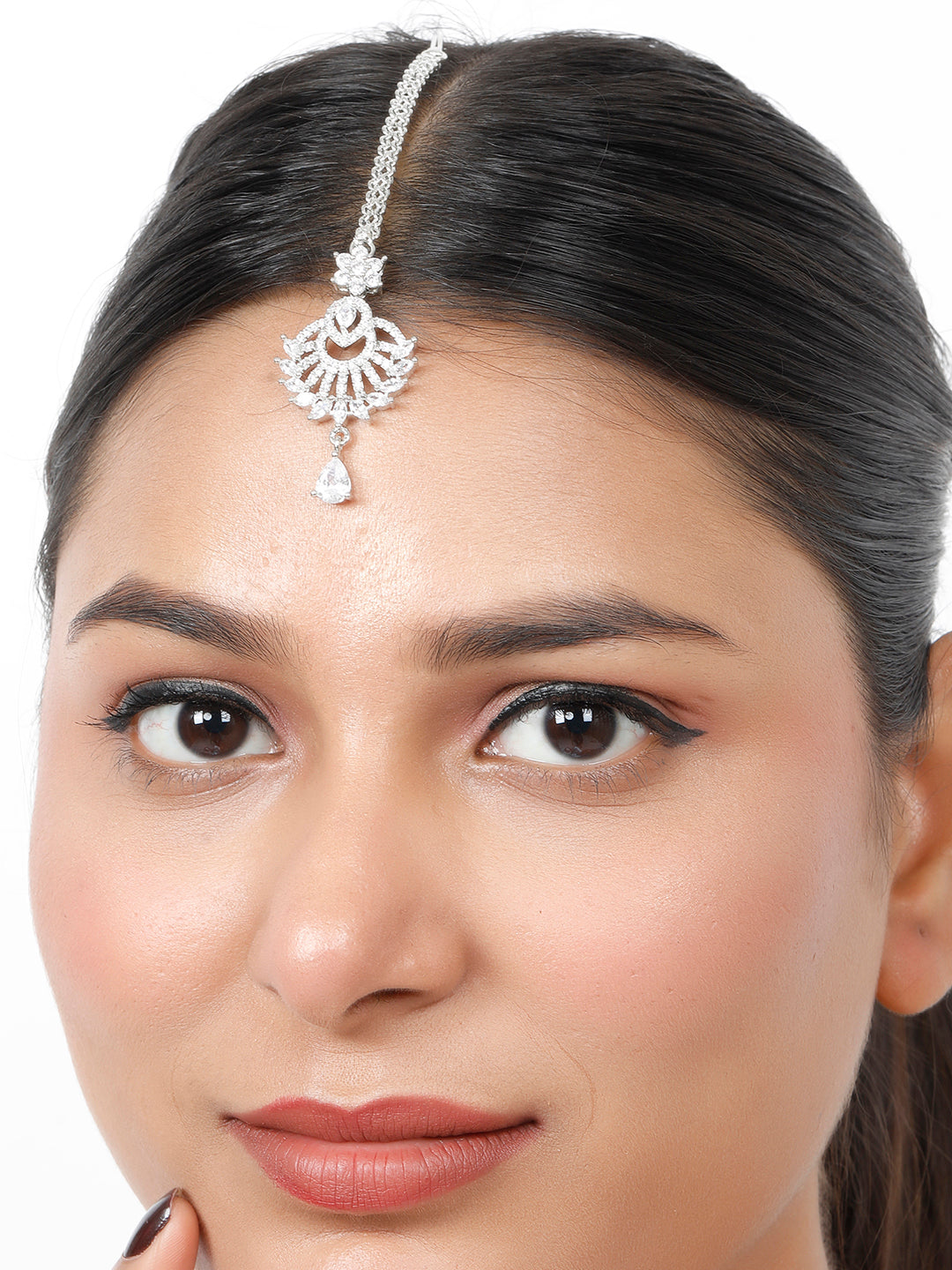 VIVAZS Rhodium-Plated Cubic Zirconia Studded Maang Tikka Head Jewellery
