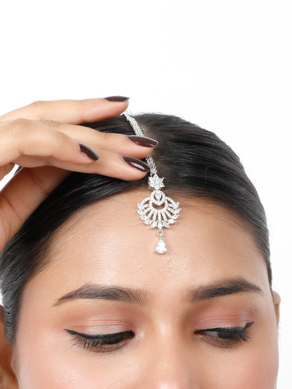 VIVAZS Rhodium-Plated Cubic Zirconia Studded Maang Tikka Head Jewellery