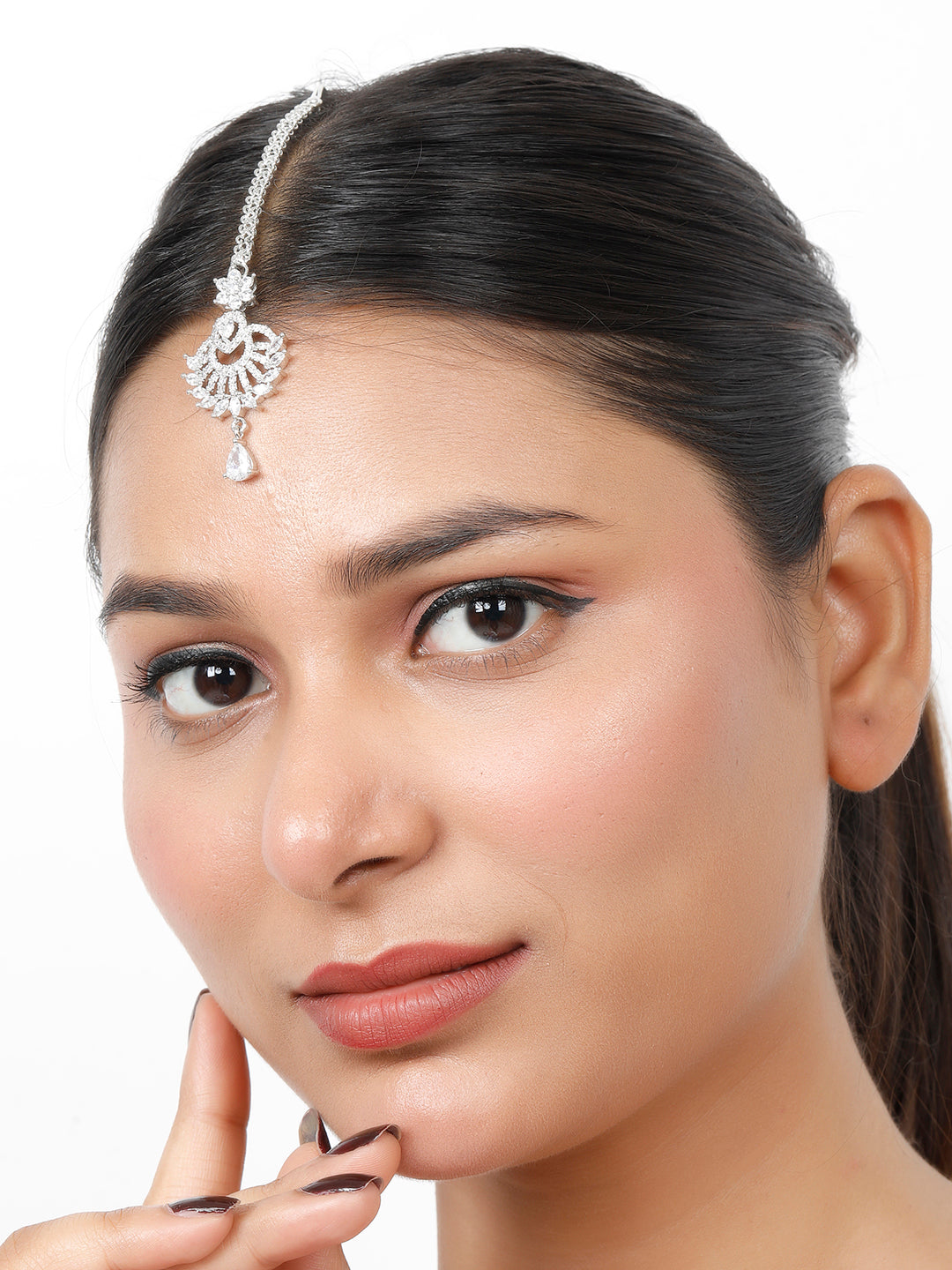 VIVAZS Rhodium-Plated Cubic Zirconia Studded Maang Tikka Head Jewellery