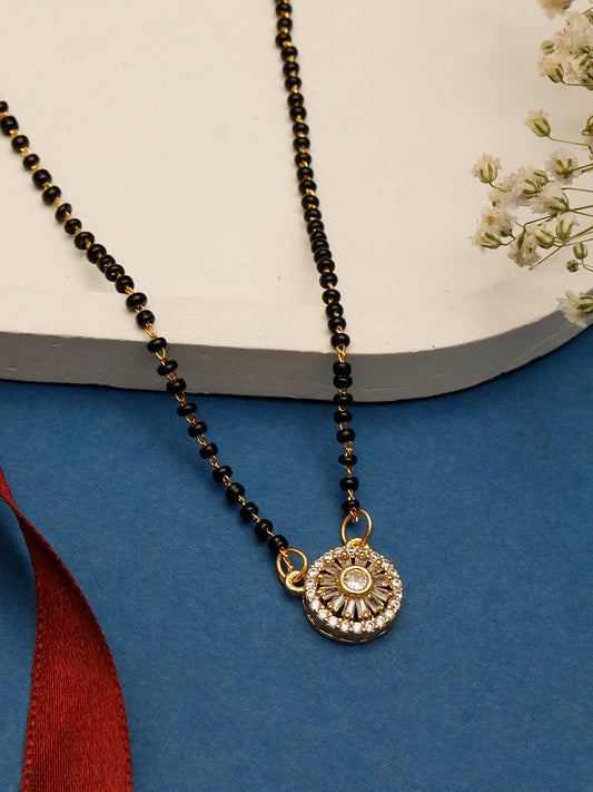 VIVAZS Gold-Plated White & Black Beaded AD-Studded Mangalsutra