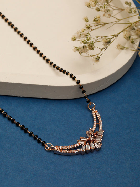 VIVAZS 18k Rose Gold Plated AD & CZ Studded Mangalsutra Necklace with Black Beads