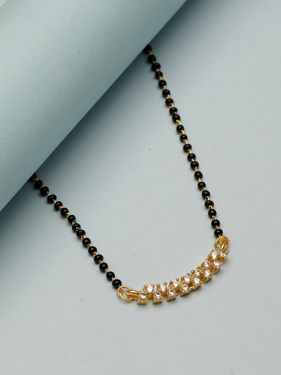 VIVAZS 18K Gold Plated AD & CZ Studded with Gold & Black Beads Mangalsutra Necklace