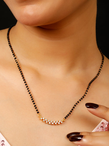 VIVAZS 18K Gold Plated AD & CZ Studded with Gold & Black Beads Mangalsutra Necklace