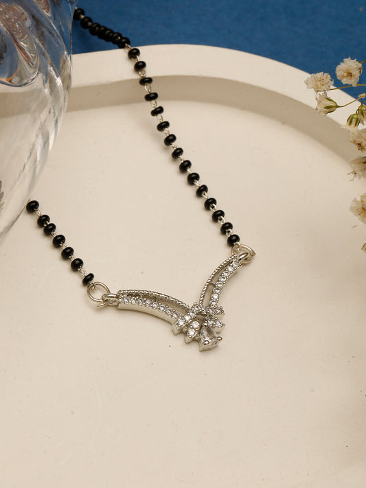 VIVAZS Silver-Plated AD-Studded & Beaded Mangalsutra