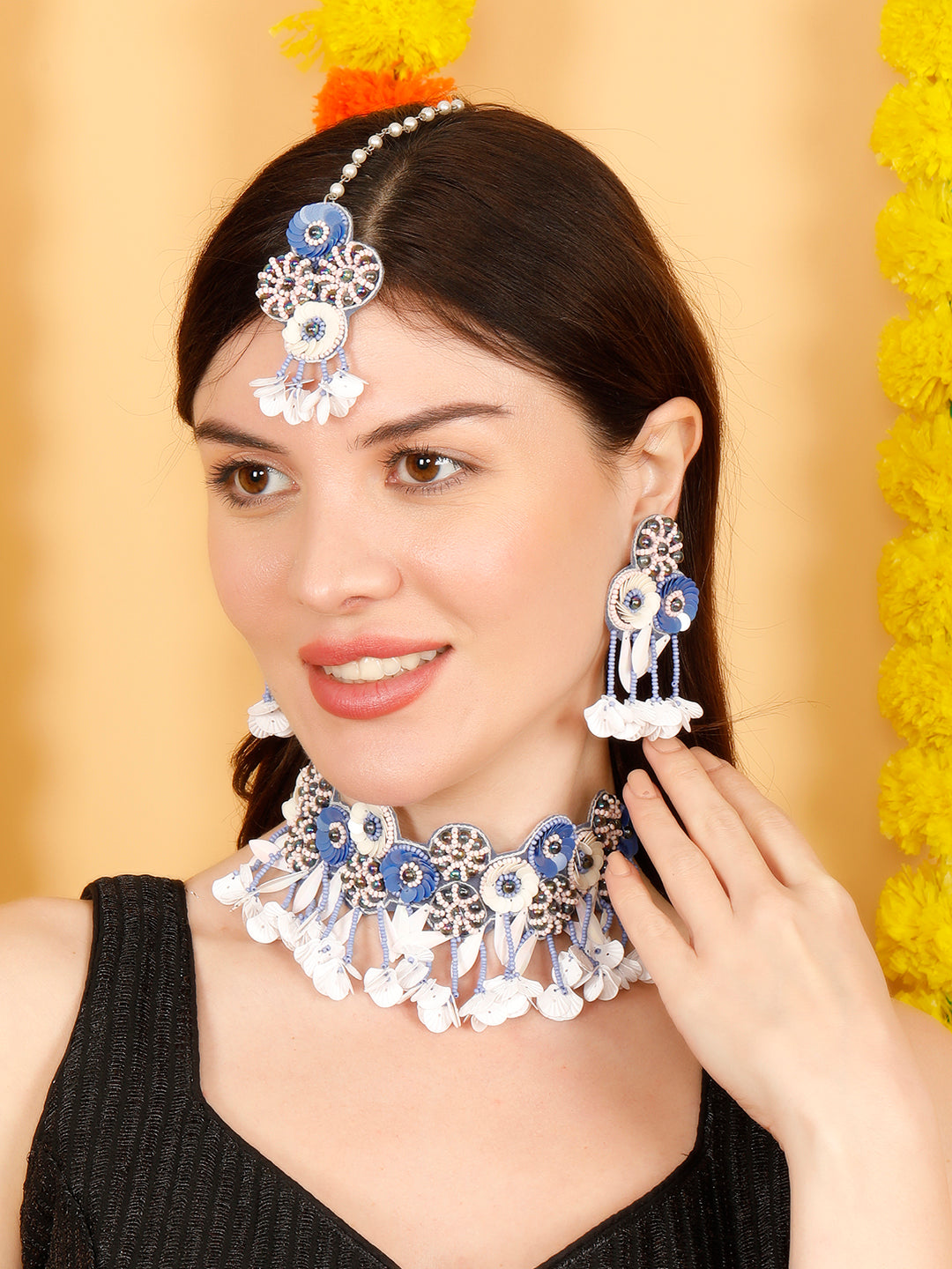 VIVAZS Floral Jewelry Set with Earrings and MaangTikka